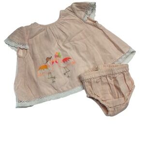 Almirah Baby Girls Peach Flamingo Embroidered Lace Trim Top and Bloomers 3-6M